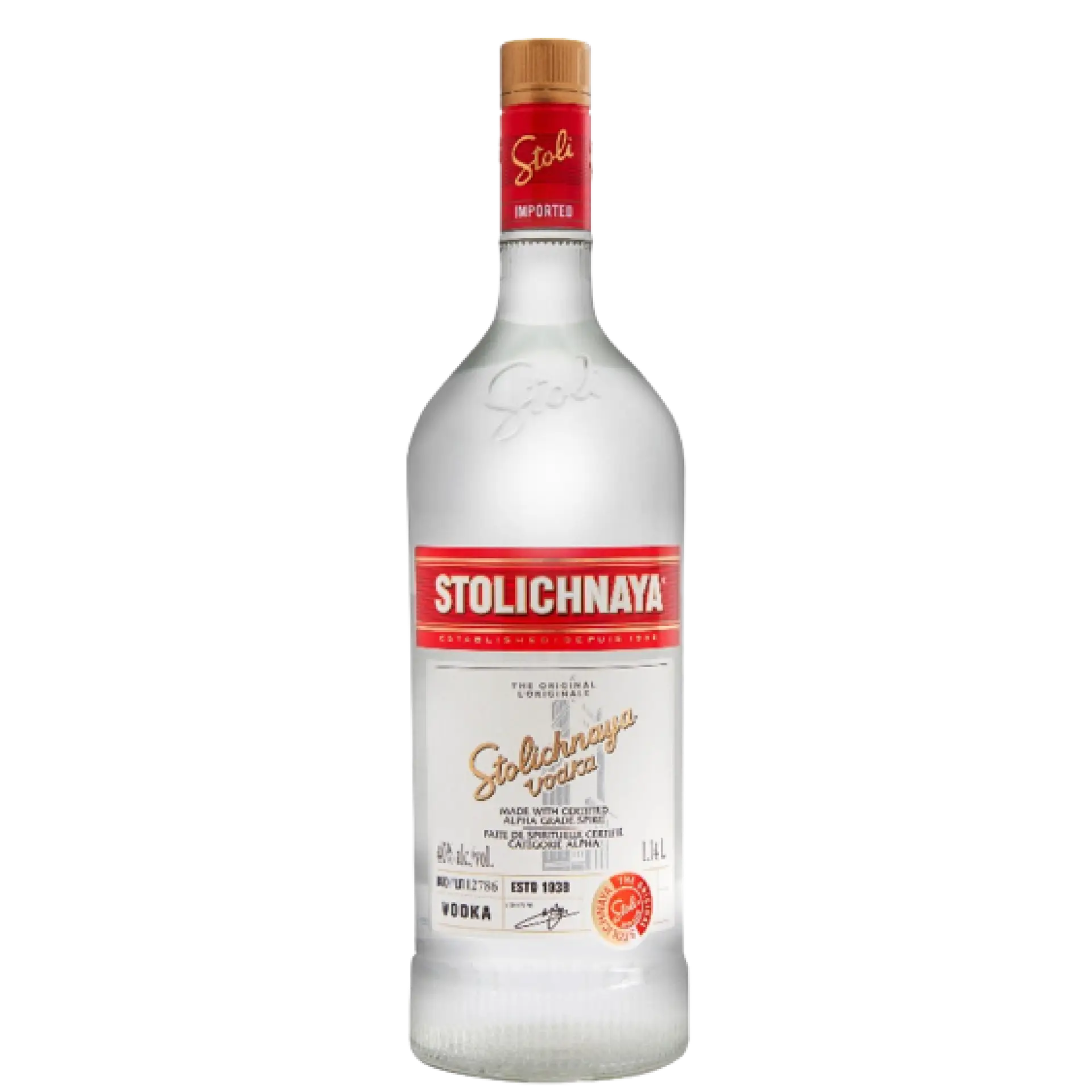 Buy Stolichnaya Premium Vodka 1.14L clear bottle with red and gold label