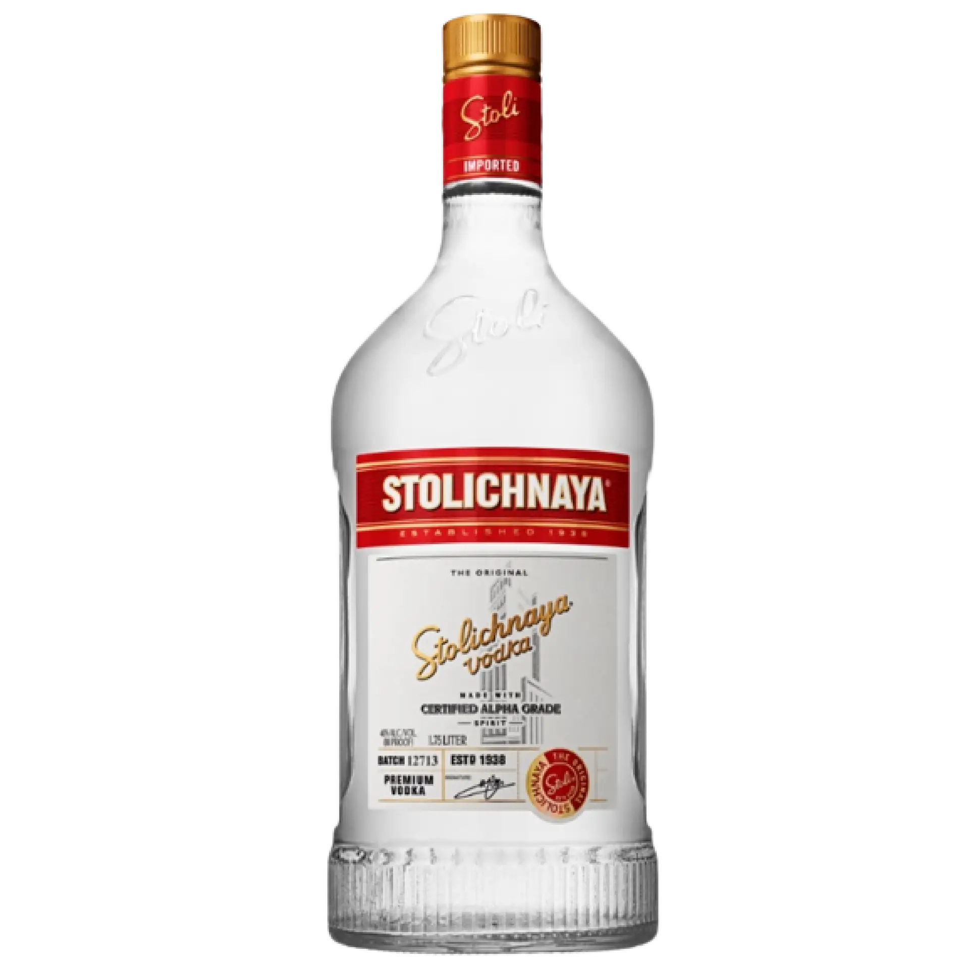 Buy Stolichnaya Premium Vodka 1.75L bottle, premium vodka with red and gold label.