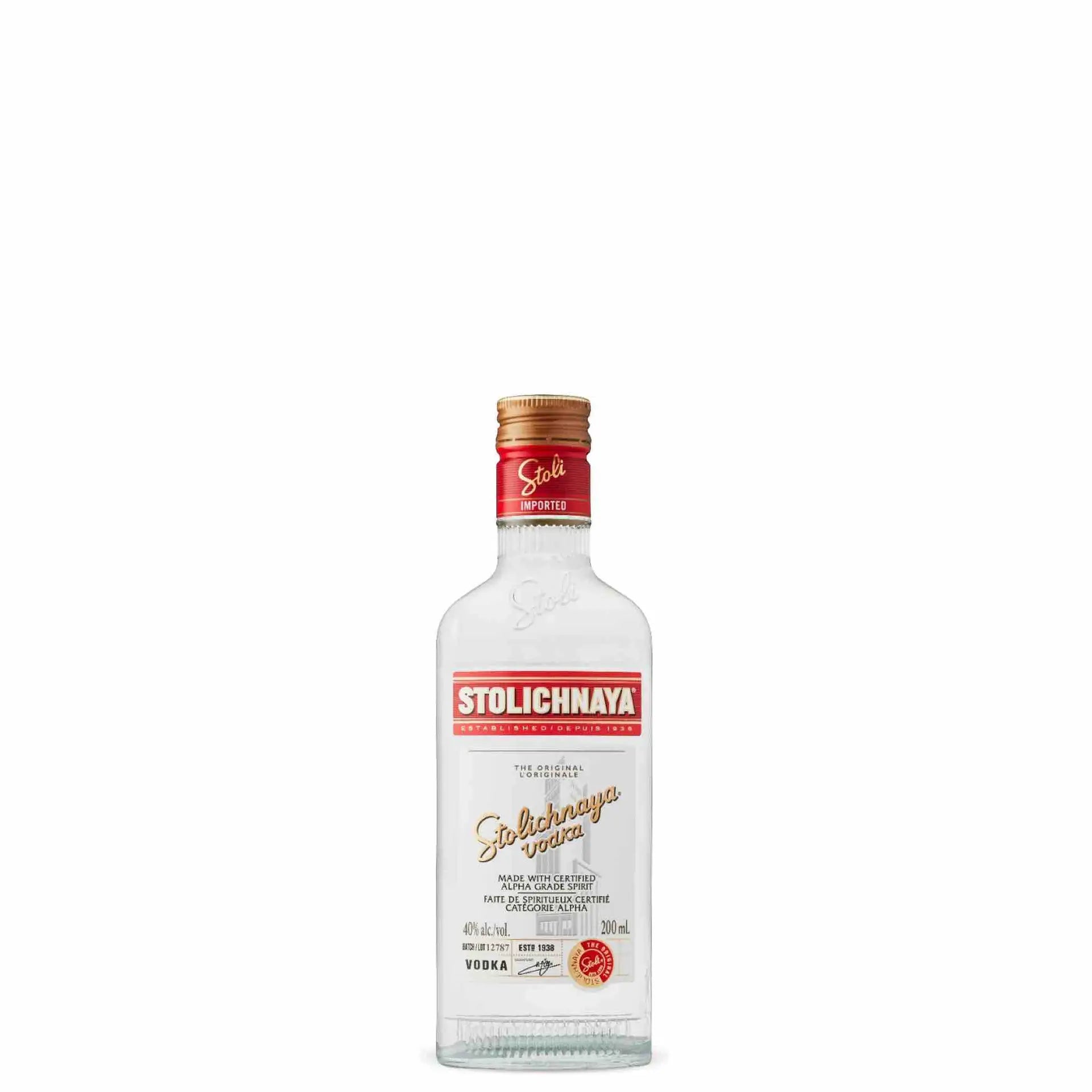 buy Stolichnaya Premium Vodka 200mL clear glass bottle with red and gold label