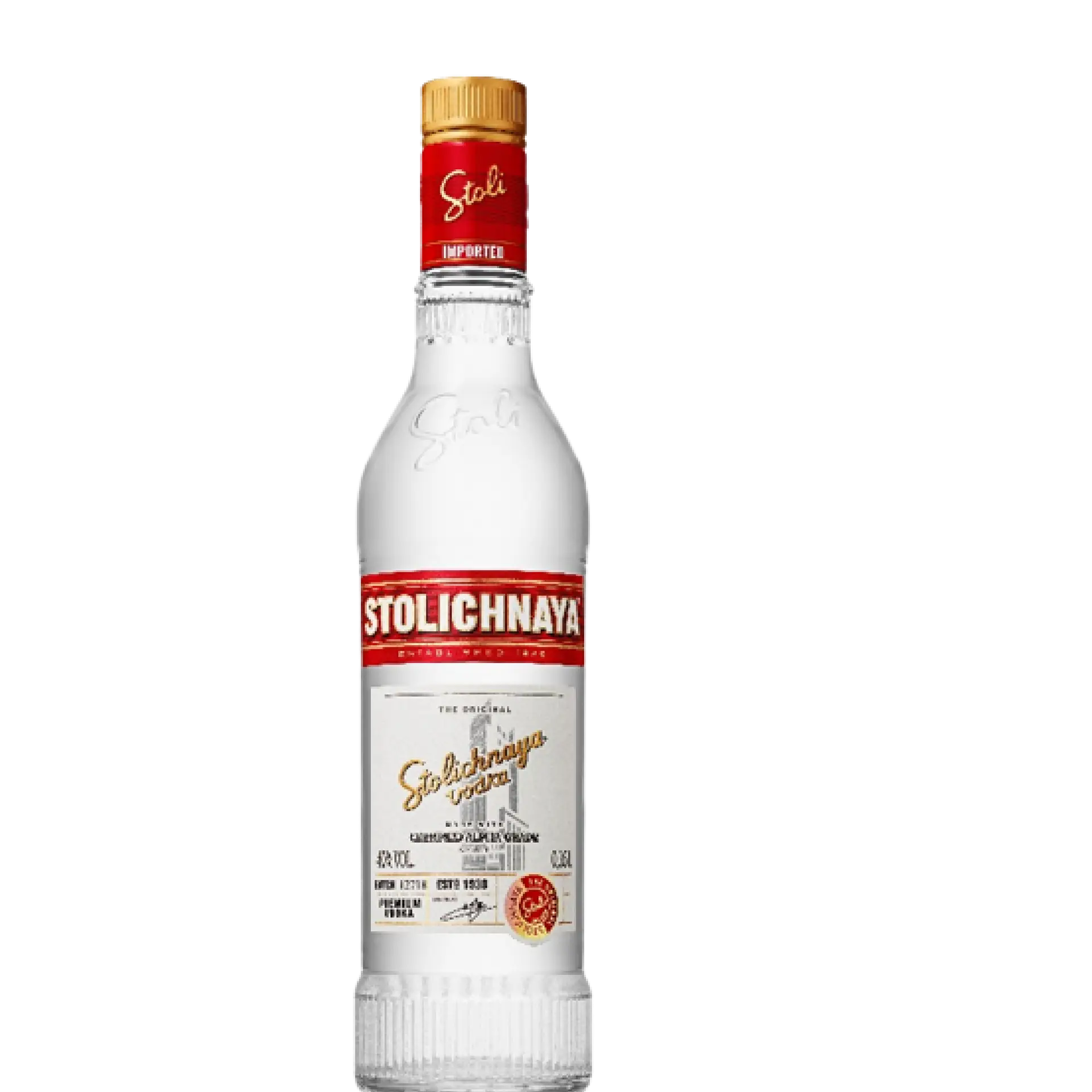 Buy Stolichnaya Premium Vodka 375mL bottle, clear glass, red and gold label.