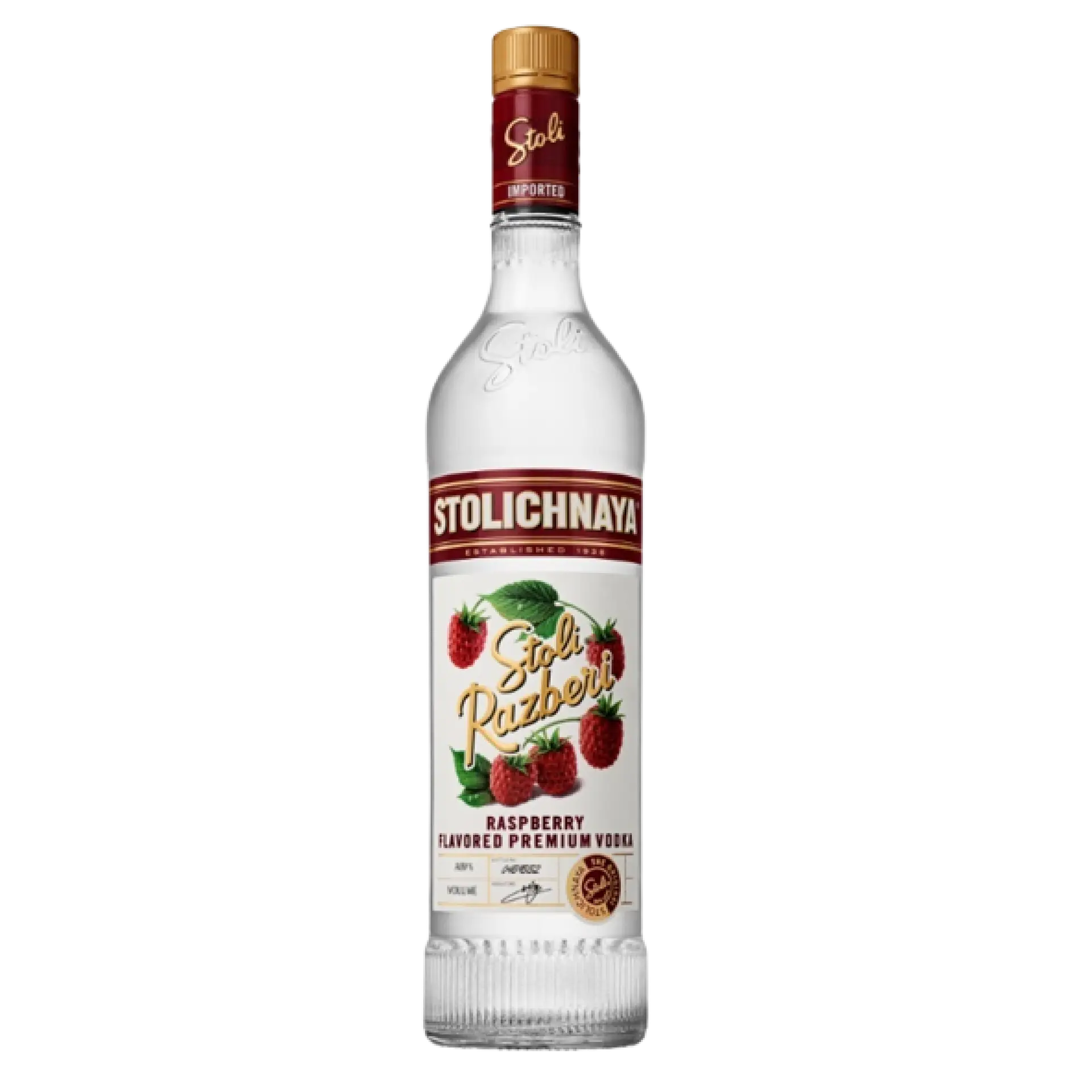 Buy Stolichnaya Razberi 750mL raspberry flavored vodka bottle with label and berries
