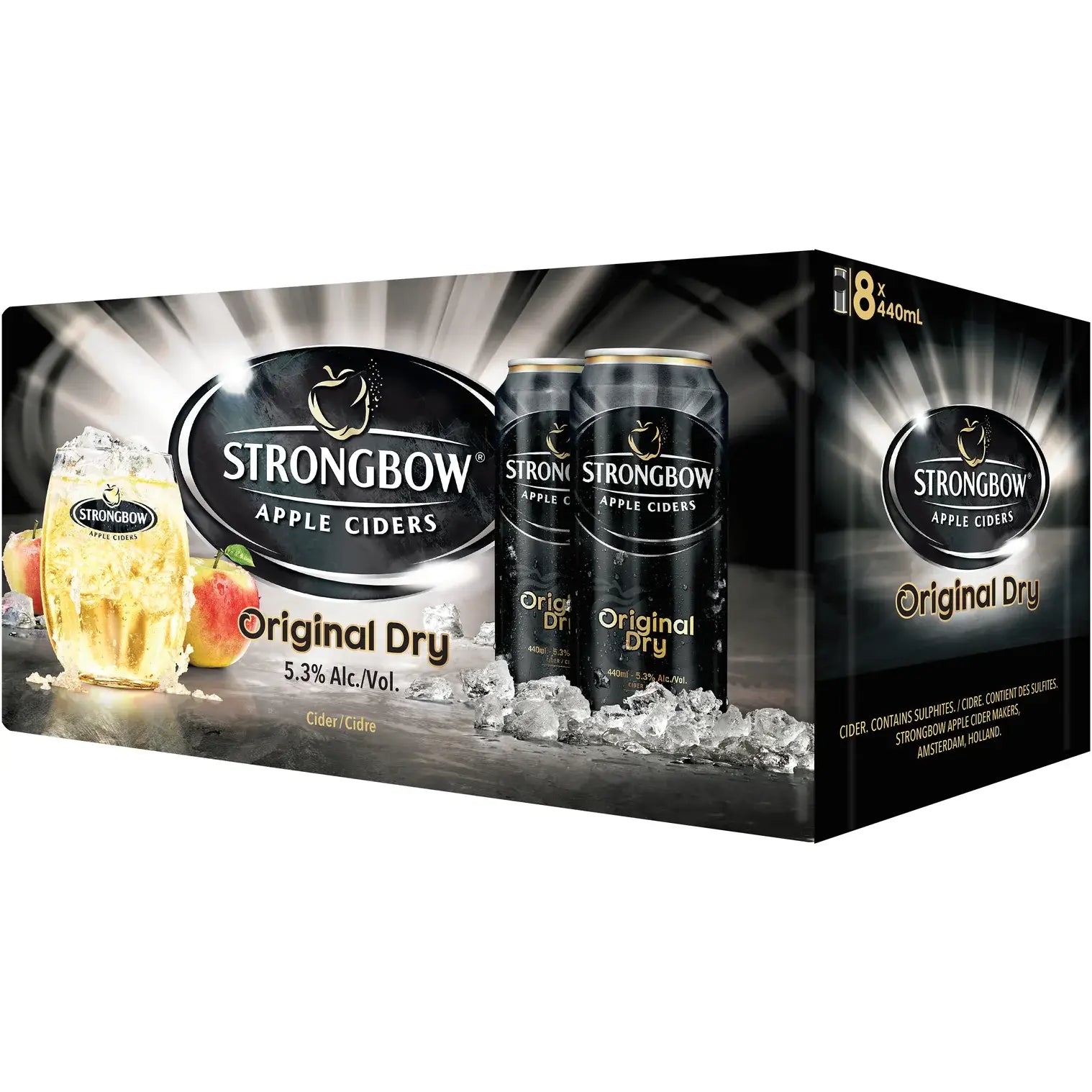 Buy Strongbow Original Dry Apple Ciders 8 pack, 440ml cans with glass and ice.