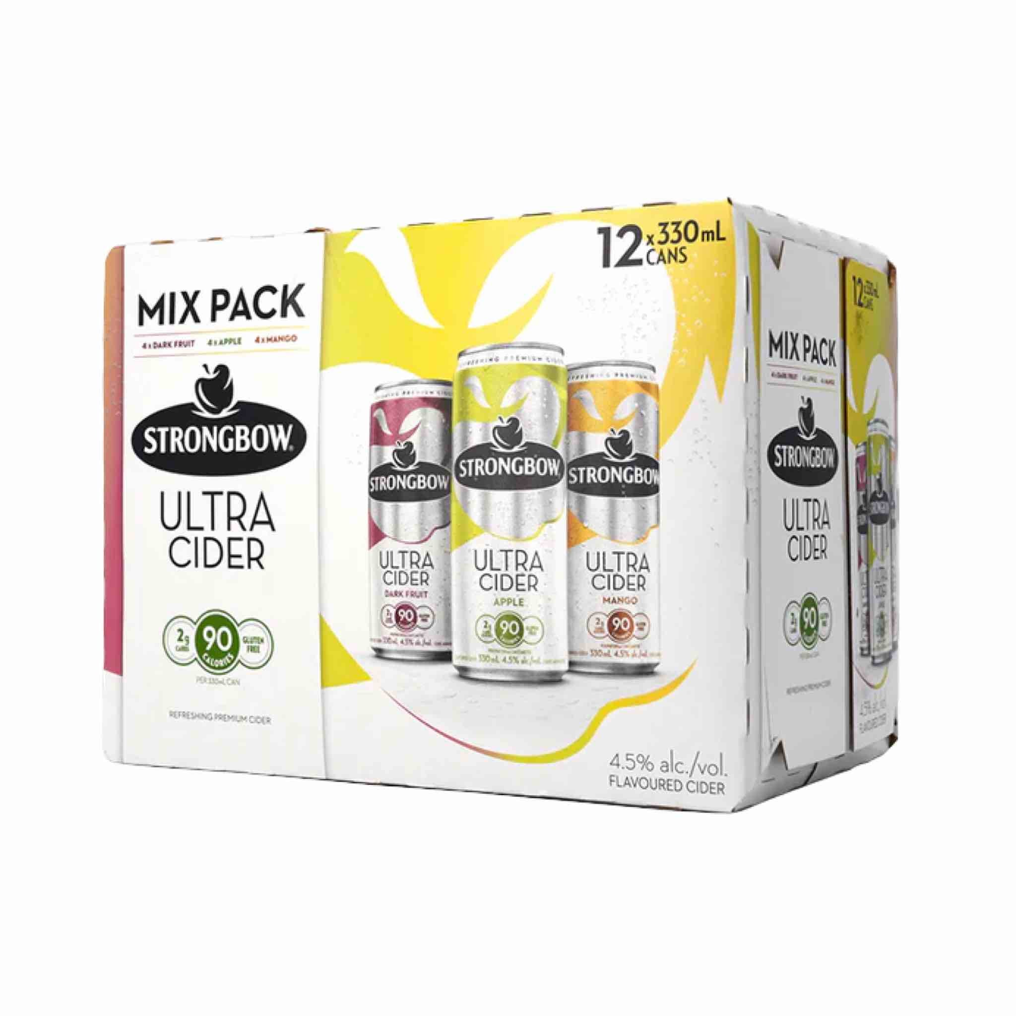 Buy Strongbow Ultra Cider mix pack 12 x 330ml cans, featuring apple, dark fruit, and mango flavors.