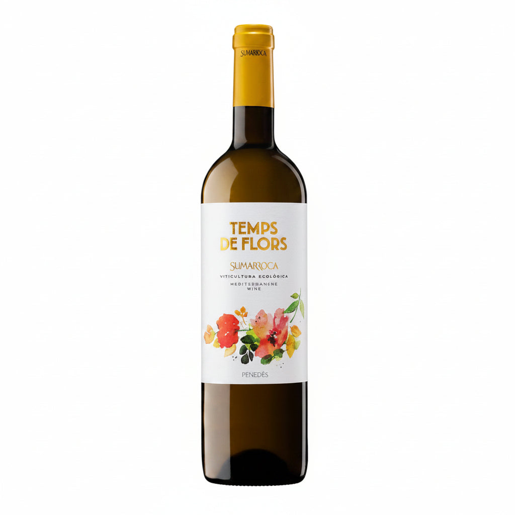 Bottle of Sumarroca Temps De Flor white wine in a 750mL glass bottle, with a label featuring elegant design and vineyard imagery.