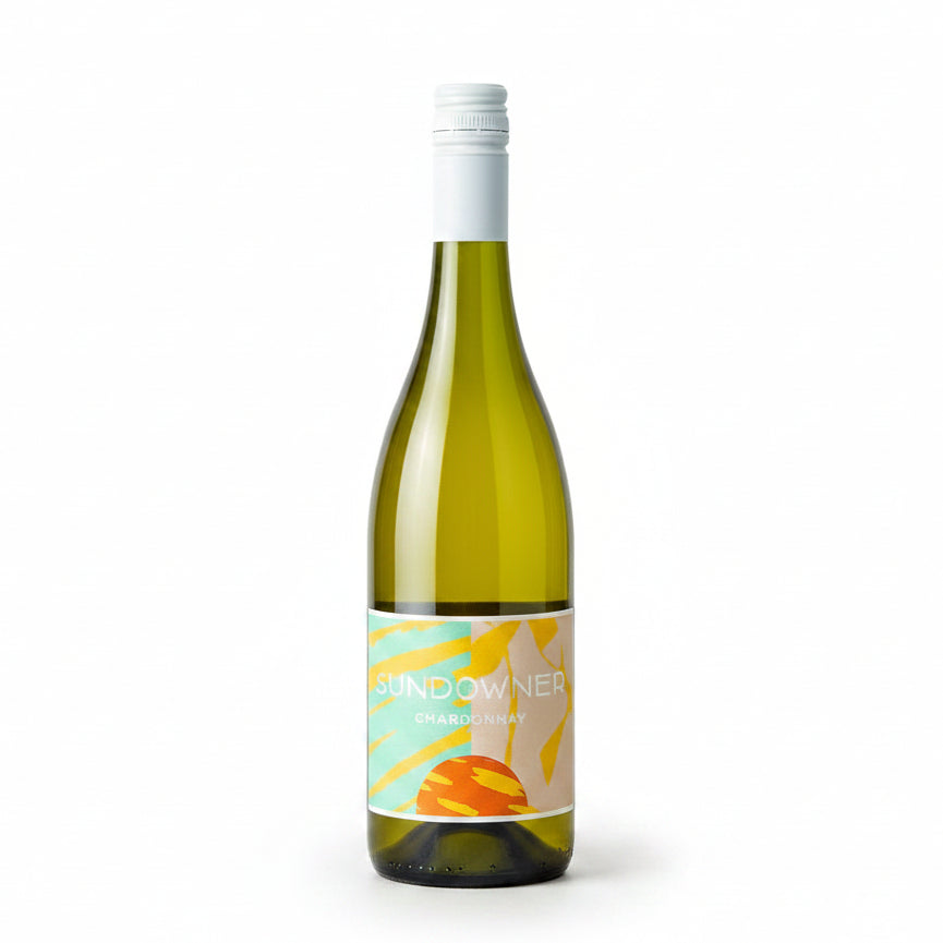 Bottle of Sundowner Chardonnay 750mL, featuring a label with a golden sun design and clear glass showcasing the pale yellow wine.