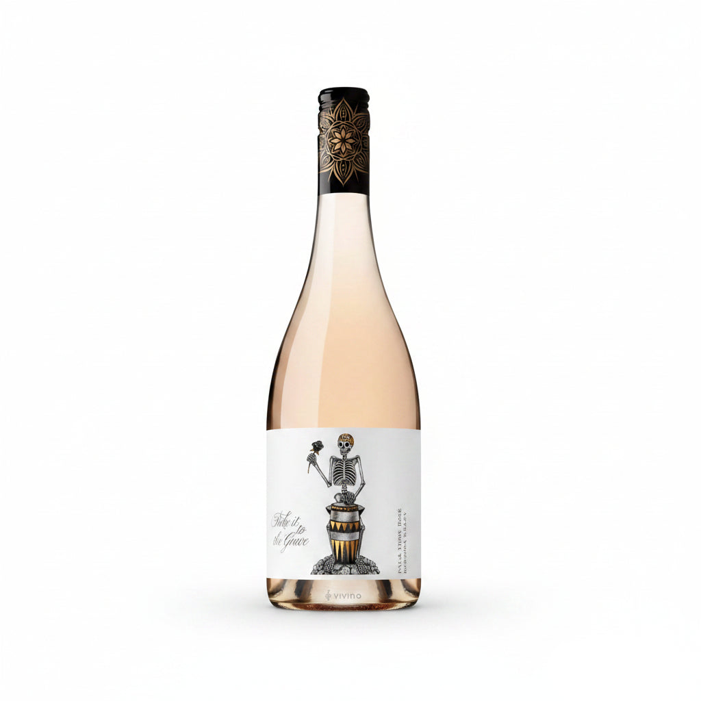 Take It To The Grave Rose 750mL bottle, showcasing a dark-colored wine with a label featuring a skull design.