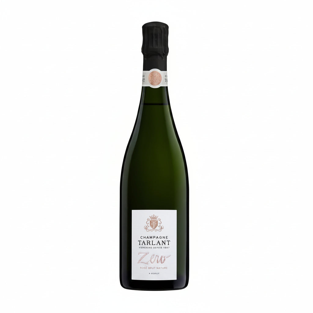 Tarlant Zero Rose sparkling wine bottle with pink label and glass, showcasing the elegant presentation of Tarlant's rosé variety.