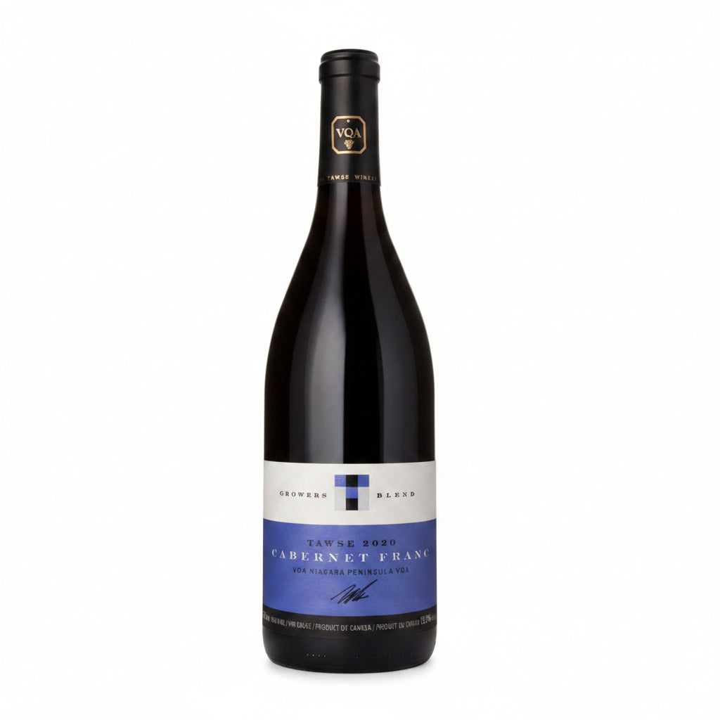 Bottle of Tawse Growers Blend Cabernet Franc wine, 750mL, with a dark label and elegant design, on a neutral background.