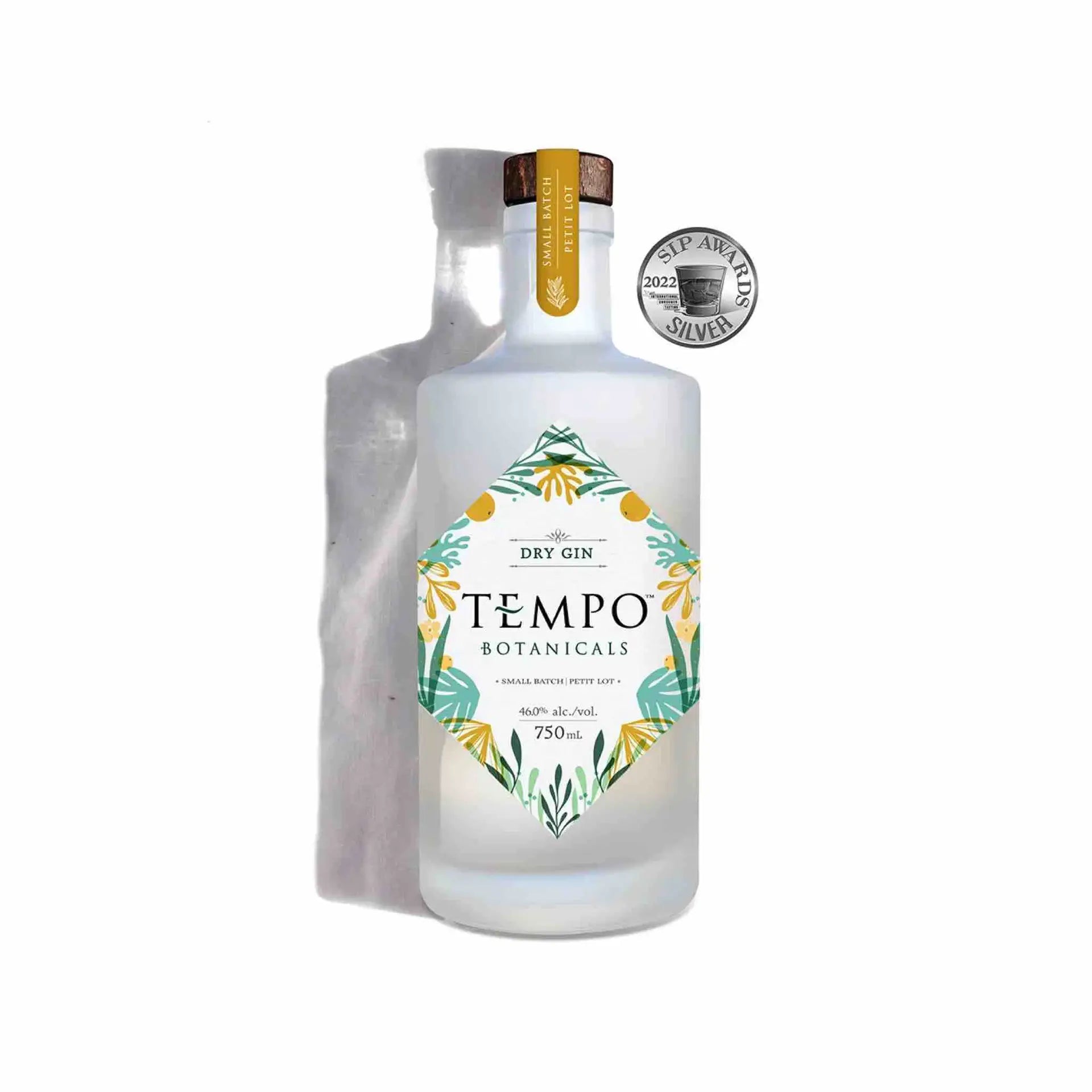 buy Tempo Botanicals Gin 750mL dry gin bottle with botanical label and silver award badge