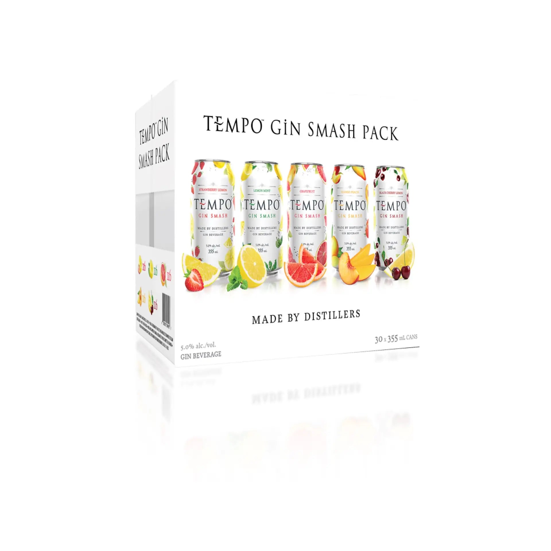 Buy Tempo Gin Smash Pack 30x355mL assorted gin beverage cans with fruit design.