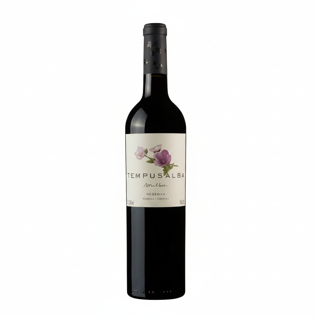 Bottle of Tempus Alba Reserva Malbec wine in 750mL bottle with deep red color and elegant label.