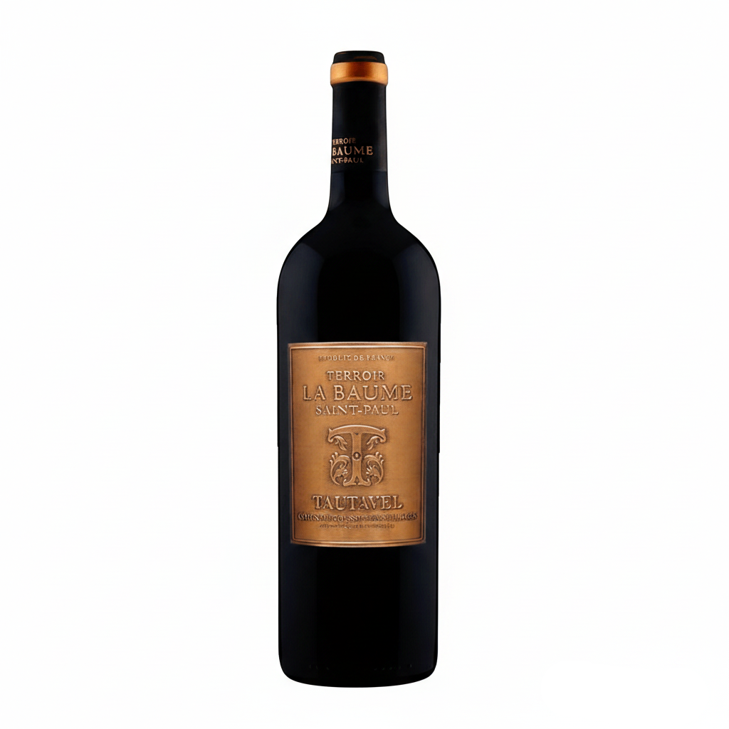 Bottle of Terroir La Baume Saint Paul Fitou wine with a label featuring scenic vineyard imagery and elegant branding.