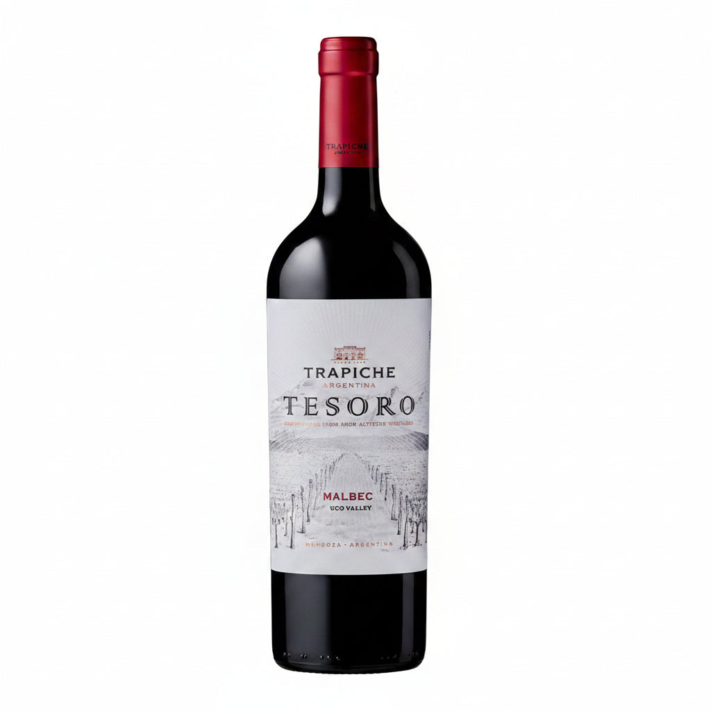 Bottle of Tesoro Malbec red wine in a 750mL bottle with a dark label and cork closure.