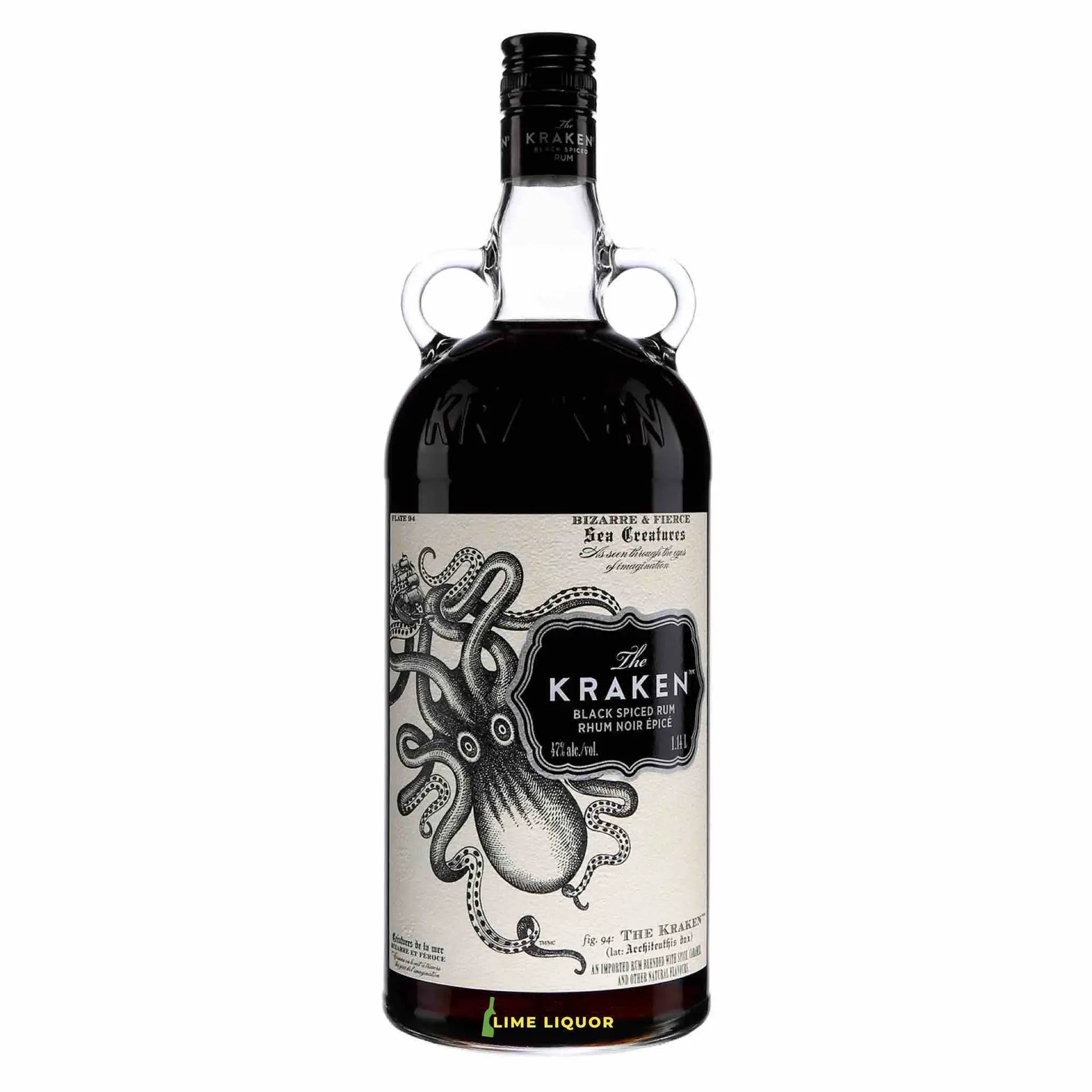 Buy The Kraken Black Spiced Rum 1.14L, dark rum bottle with octopus label illustration.