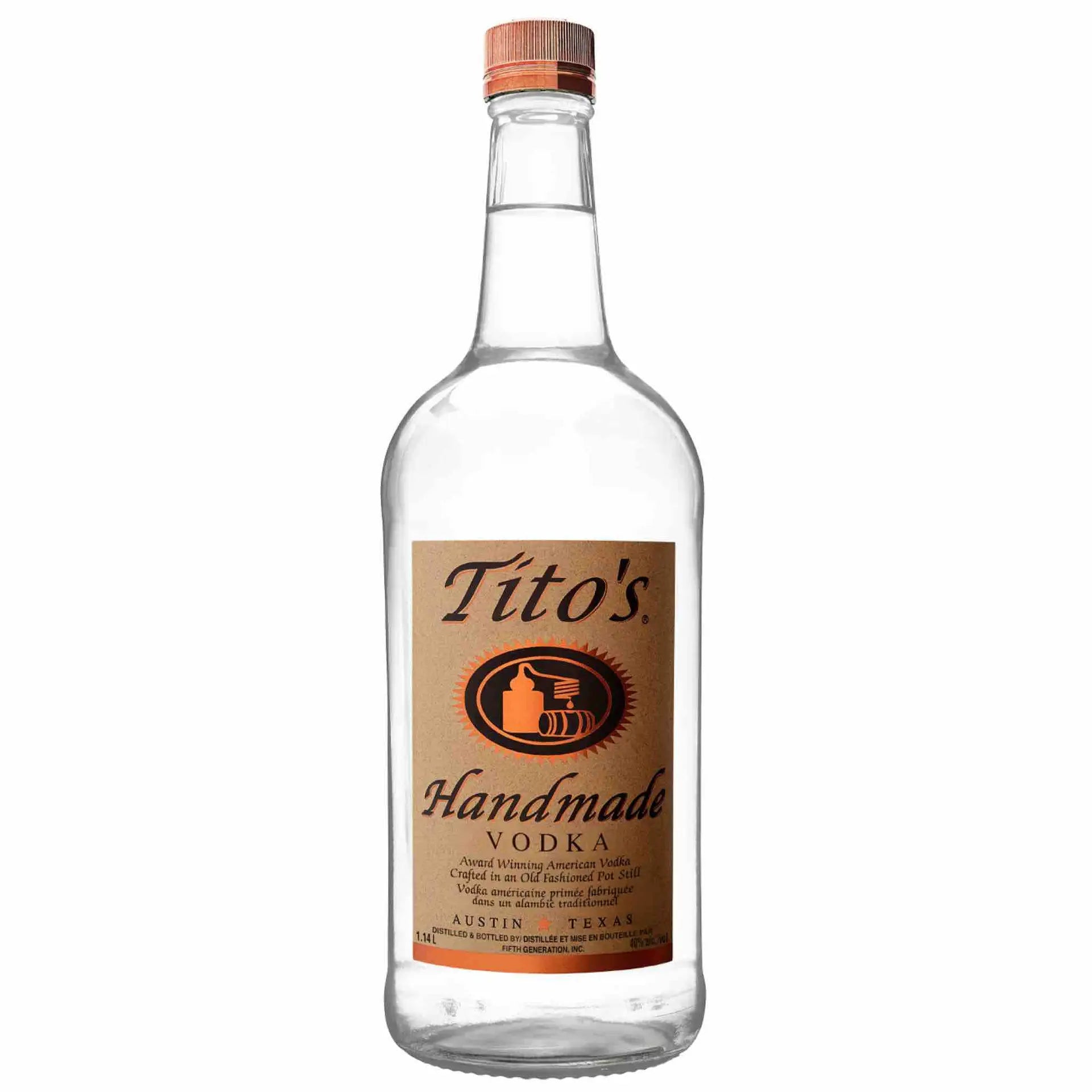 buy Tito's Handmade Vodka 1.14L clear bottle with brown label and copper cap