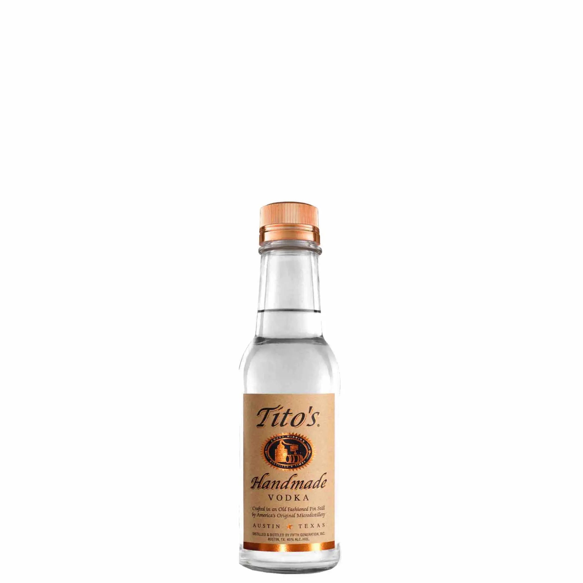 Buy Tito's Handmade Vodka 200mL mini bottle, clear glass with tan label and copper cap