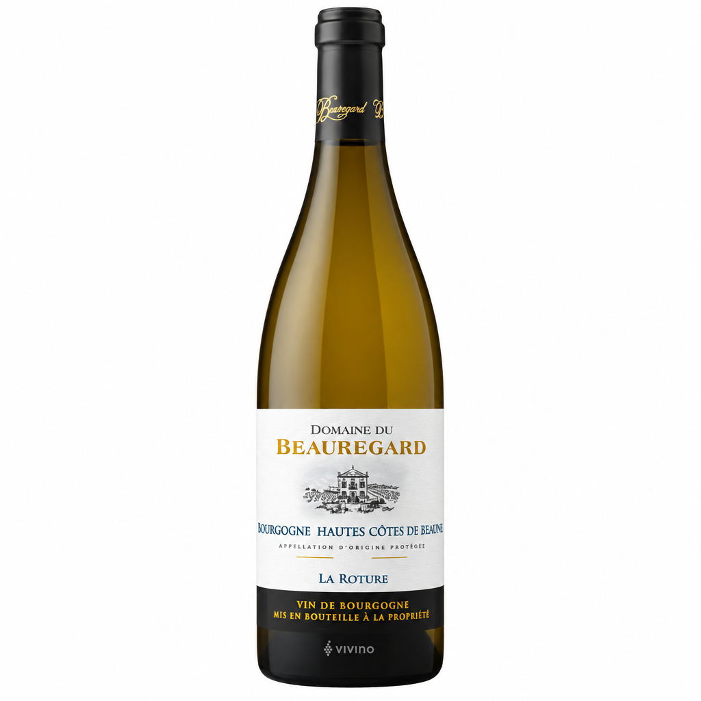 Bottle of Domaine Du Beauregard La Roture wine with label visible, positioned on a wooden surface with a blurred background.