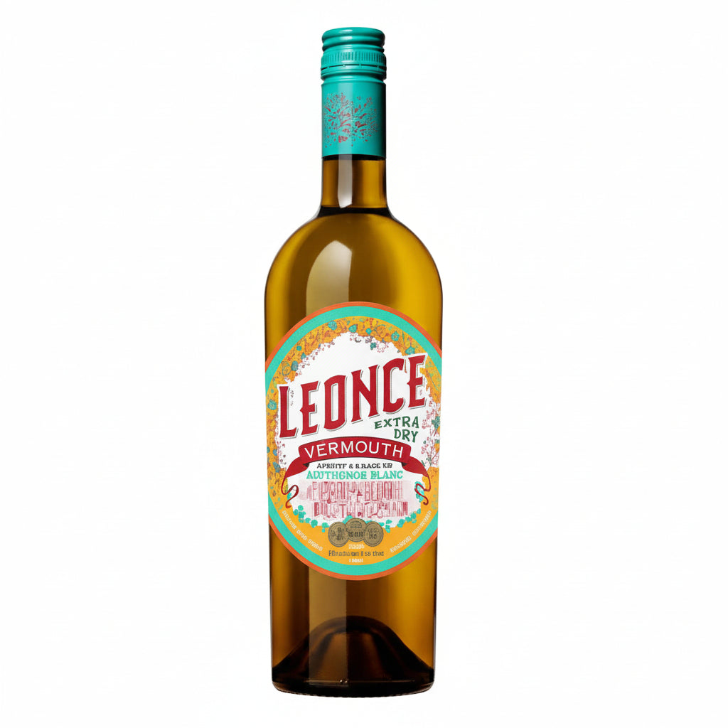 Bottle of Vermouth Leonce Sauvignon showing the label and clear glass bottle with a dark liquid inside.