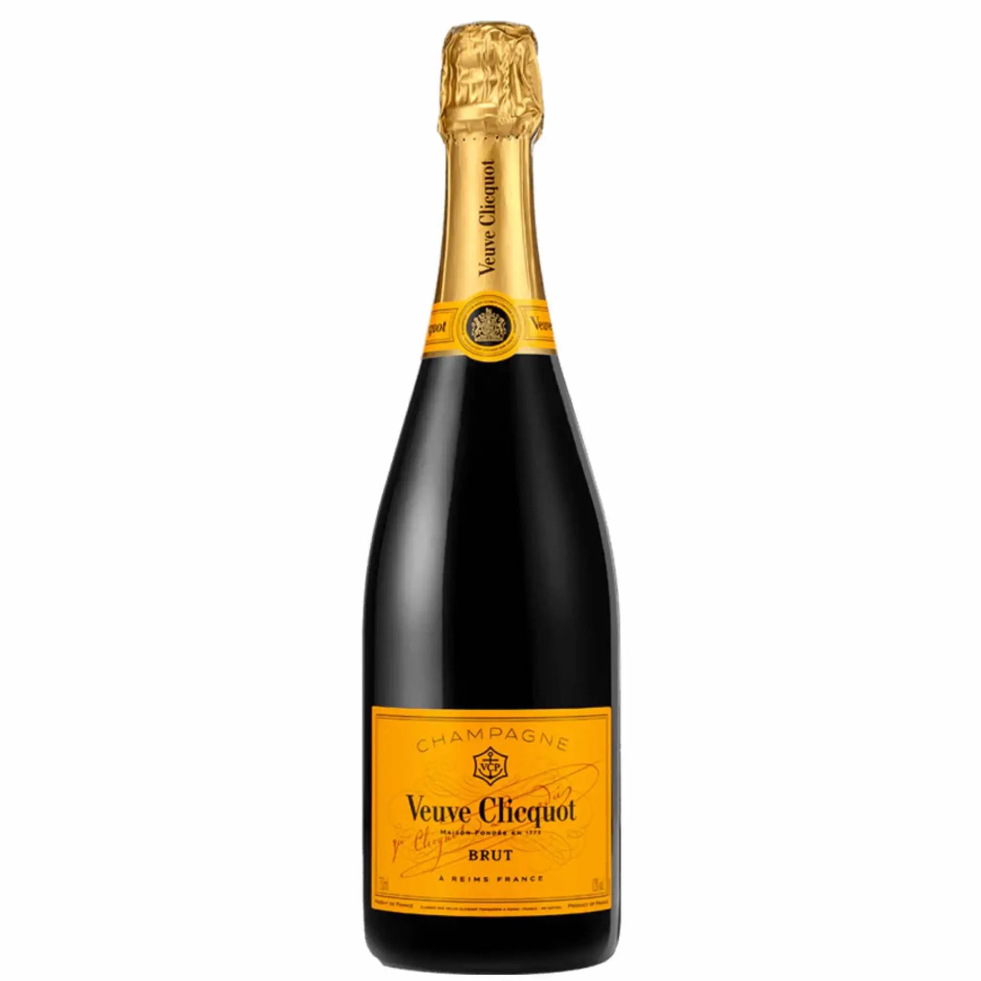 Buy Veuve Clicquot Brut 750mL, French champagne bottle with gold foil and yellow label.