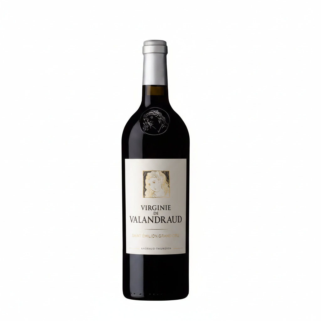 Bottle of Virginie De Valandraud red wine from Virginie brand, showcasing the wine label on the elegant bottle.