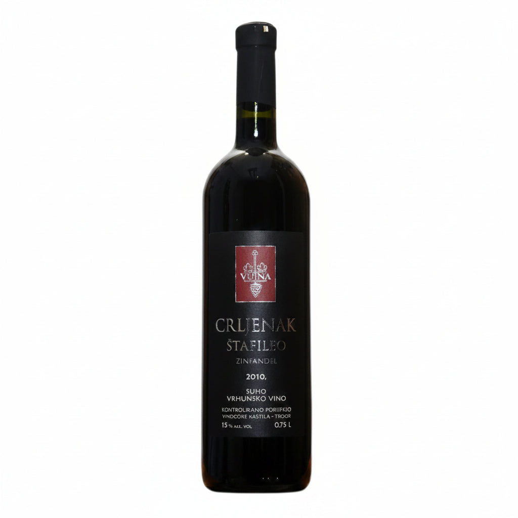 Bottle of Vuina Crljenak Stafileo Zinfandel red wine in a 750mL bottle with a dark label and elegant packaging.