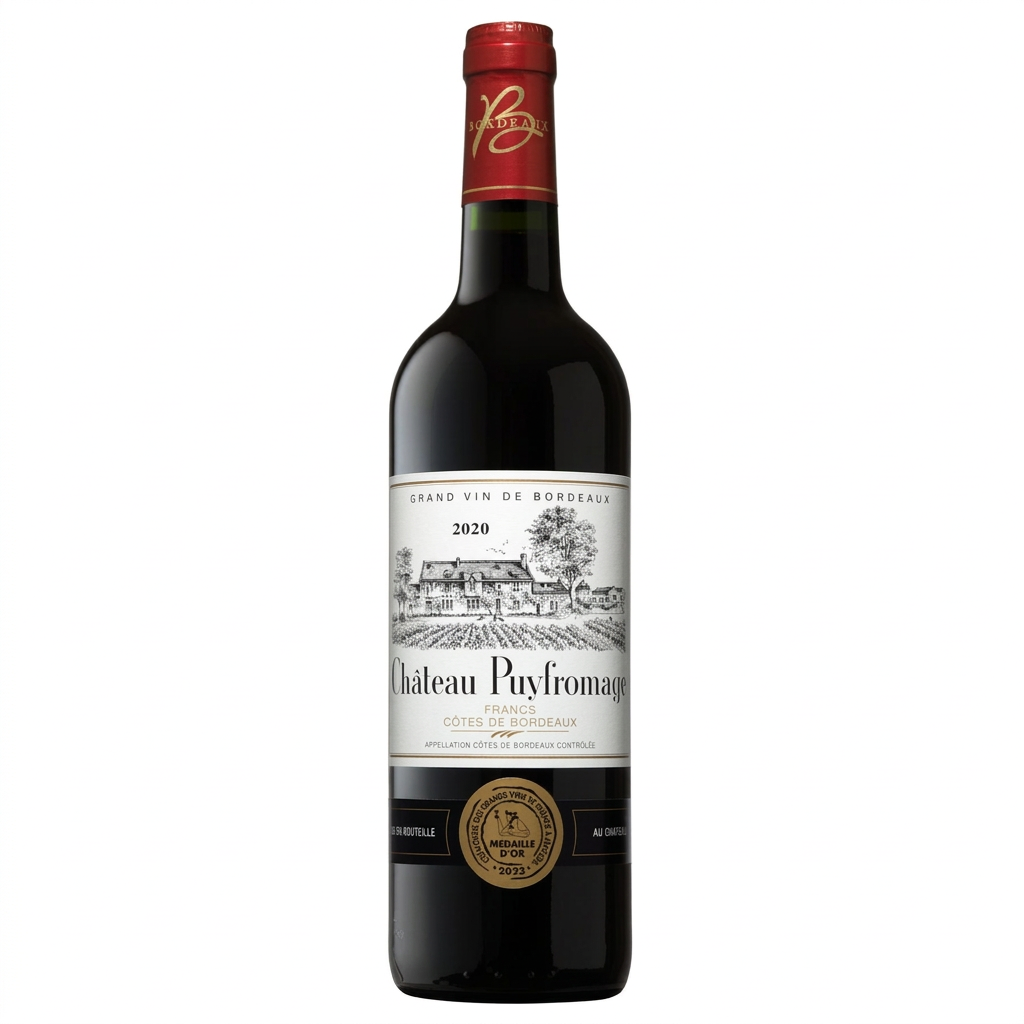 Chateau Puyfrommage Cotes De Francs wine bottle with label featuring elegant design and vineyard imagery.
