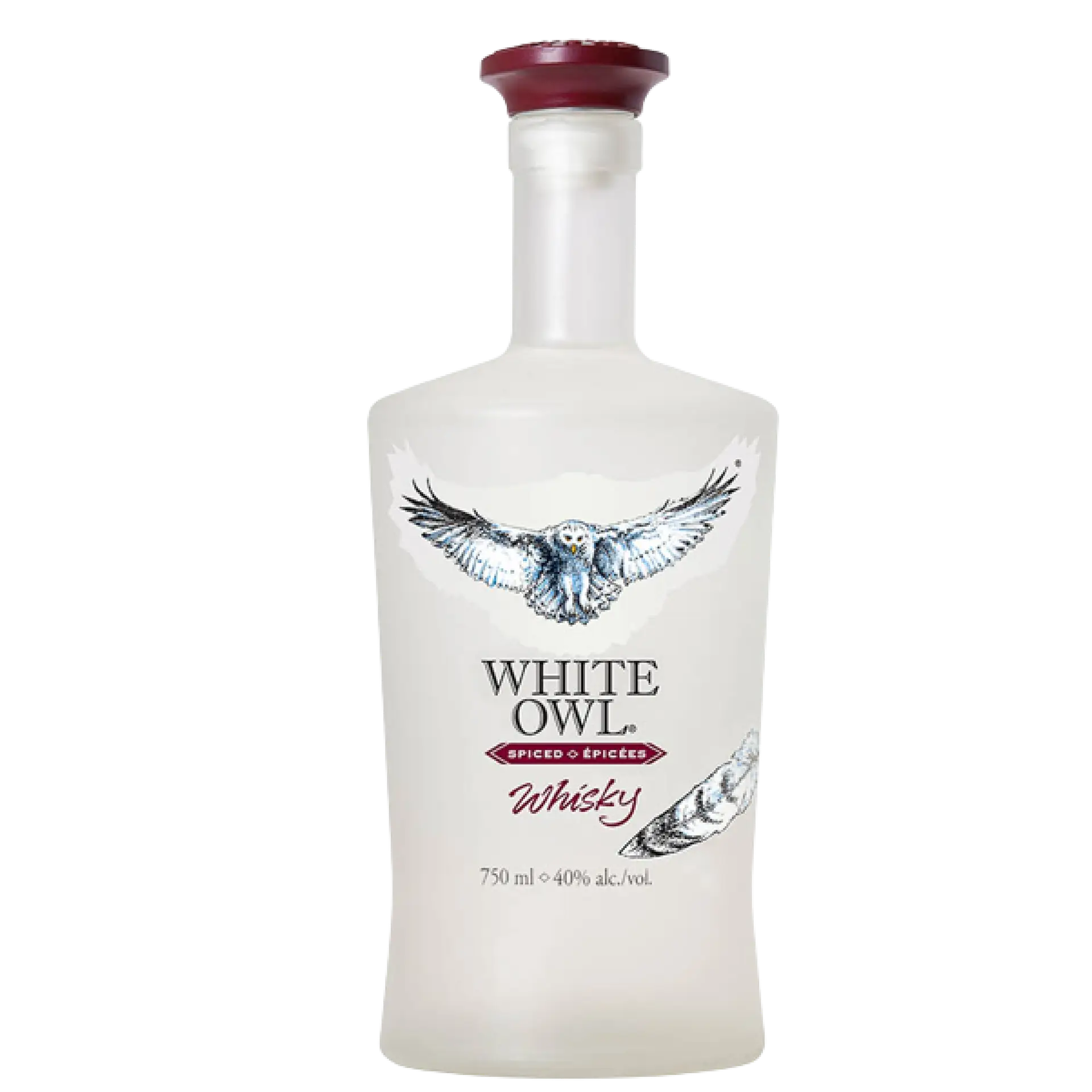 buy White Owl Whisky Spiced 750mL, clear bottle with owl graphic and red cap