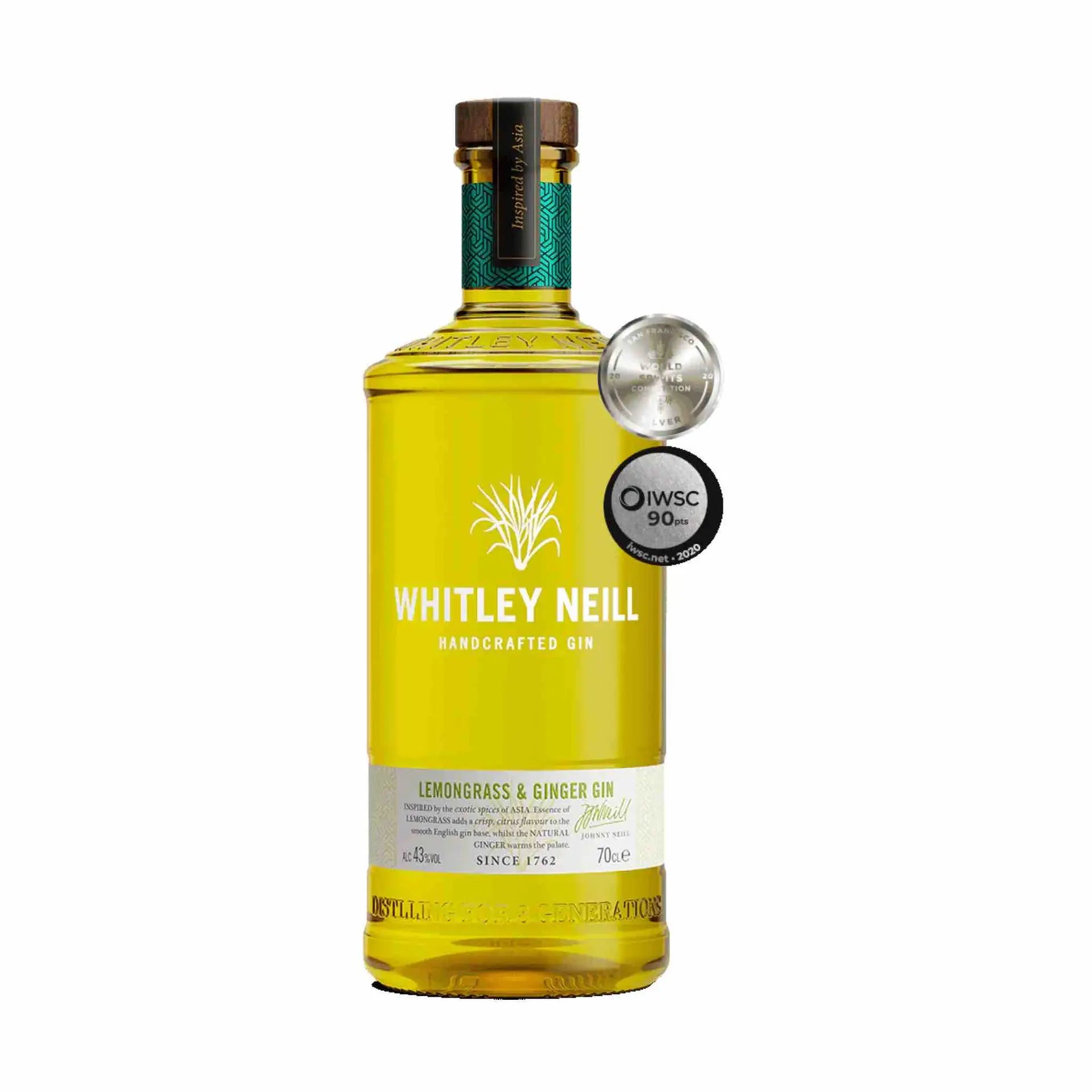 Buy Whitley Neill Lemongrass & Ginger Gin 750mL, yellow bottle with award medal