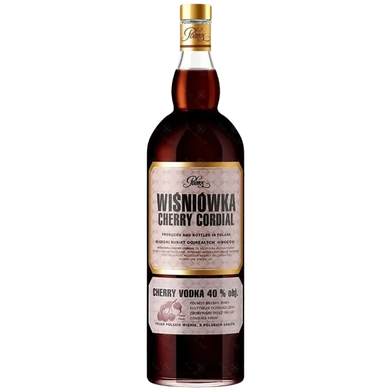 Buy Wisniowka Cherry Cordial 750mL, cherry vodka bottle with clear label and gold cap
