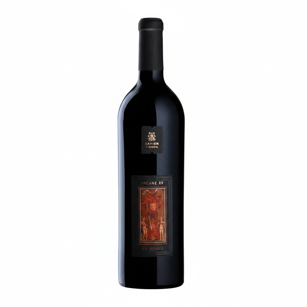 Bottle of Xavier Vignon Arcane XV Le Diable 2015 red wine with label visible, showcasing rich wine details and elegant packaging.
