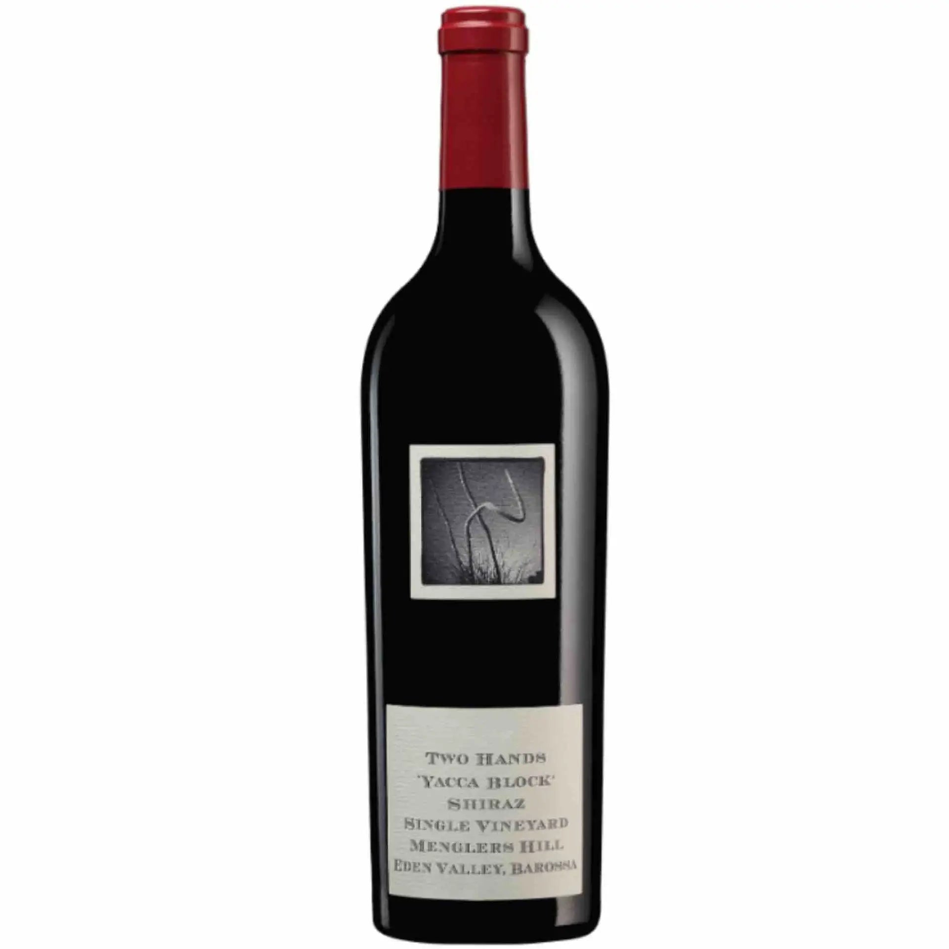 Buy Yacca Block Shiraz red wine bottle with red cap and black label on white background