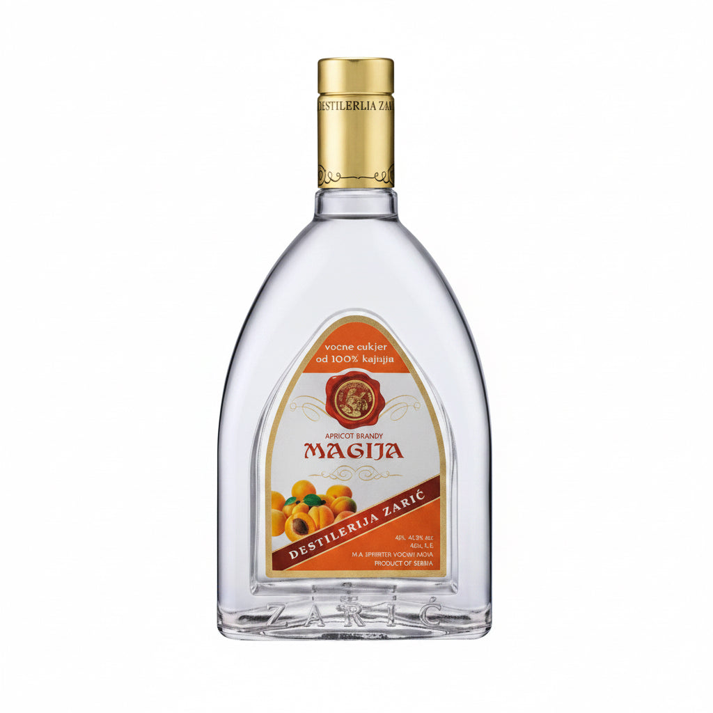 Bottle of Magija Apricot Brandy 700mL with a clear label, showcasing the golden-colored apricot brandy inside.