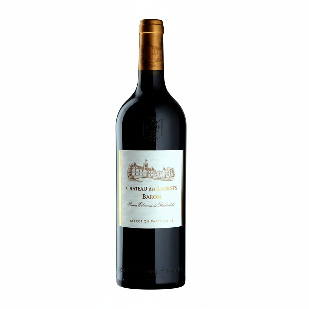 Bottle of Baron Edmond Rothschild Chateau Des Laurets 2016 red wine with label visible in a glass bottle.