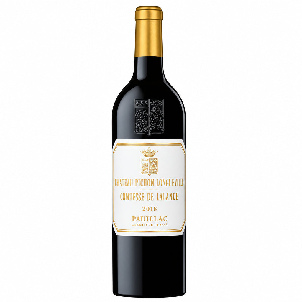 Bottle of Chateau Pichon Comtesse 2018 red wine in a 1.5L Bordeaux wine bottle with a classic label.