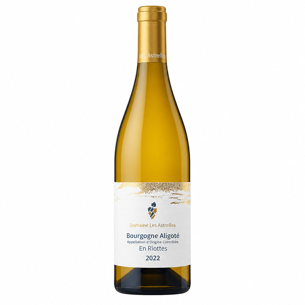 Bourgogne Aligote wine from Domaine Les Astrelles, vintage 2022, shown in a clear wine glass with a light golden color.
