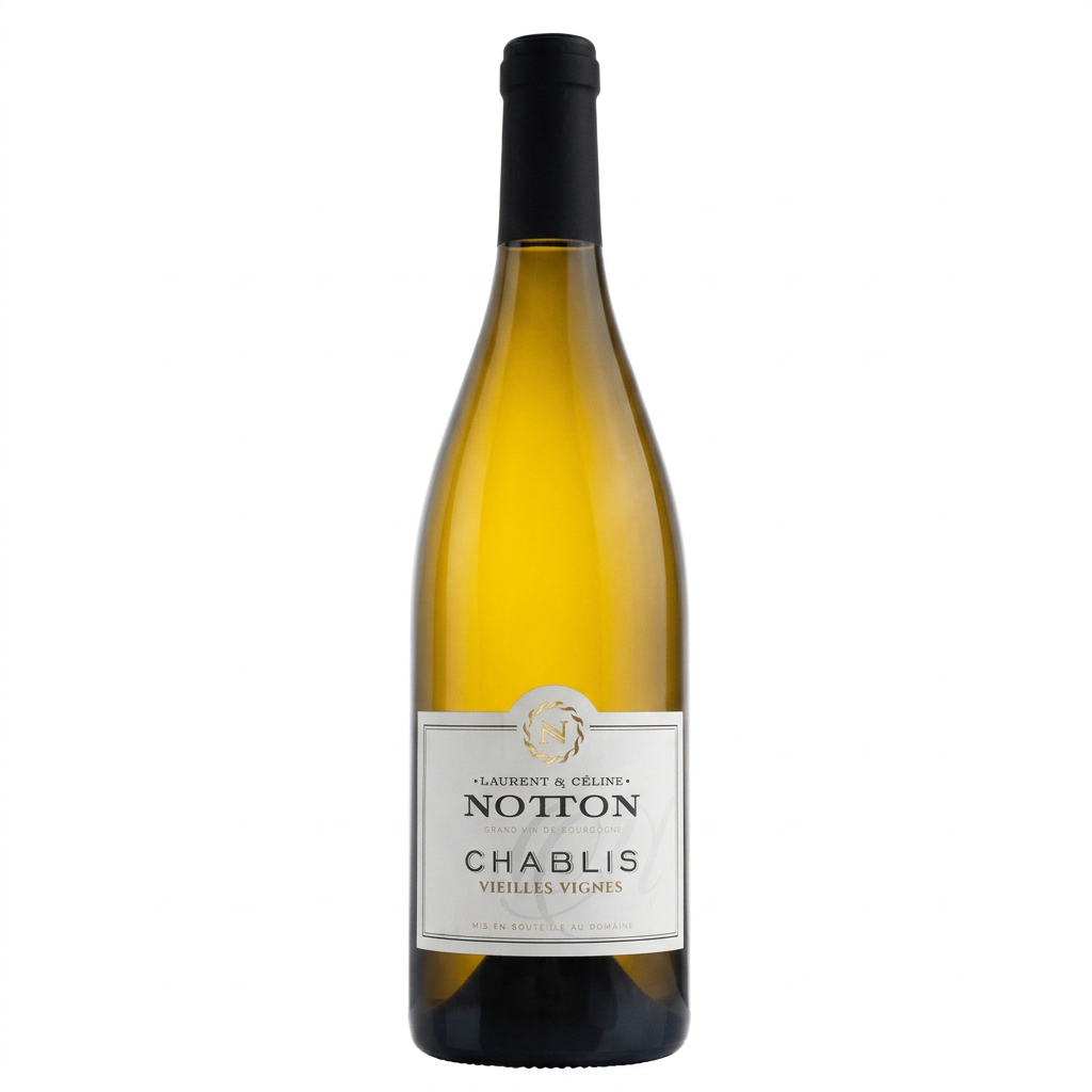 Laurent and Celine Notton Chablis wine bottle from Vieilles Vignes, featuring a white wine label with vineyard imagery.