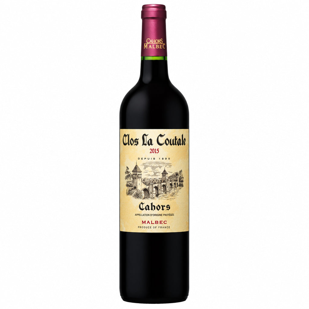 Bottle of Clos La Coutale Cahors red wine in a dark glass bottle with a label, suitable for wine enthusiasts and collectors.