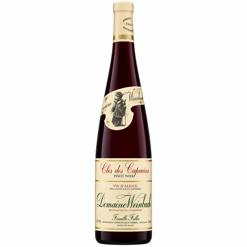 Bottle of Weinbach Clos Des Capucins Pinot Noir wine with label visible, showcasing elegant glass bottle and deep red color.