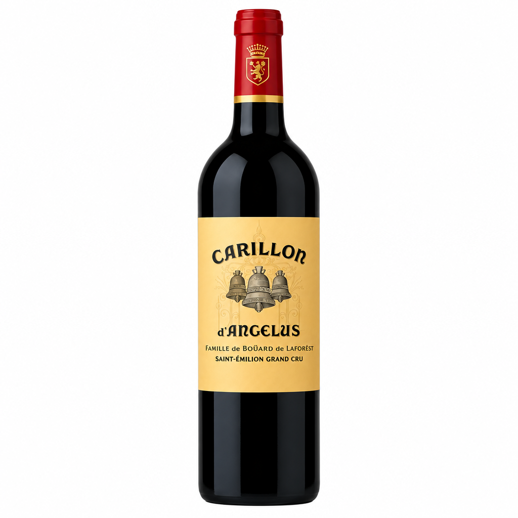 Le Carillon De L'angelus 2016 wine bottle with label featuring elegant design and gold accents, displayed on a neutral background.