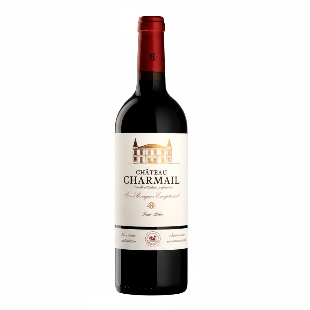 Bottle of Chateau Charmail red wine from Chateau, featuring the label and glass on a wooden table.