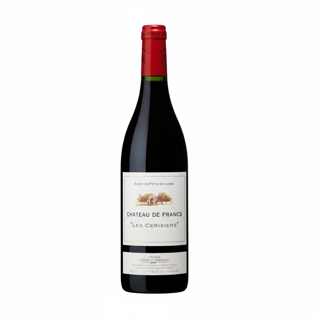 Chateau de Franc Les Cerisier Cotes des Francs wine bottle with label, showcasing a red wine from Chateau in a natural setting.