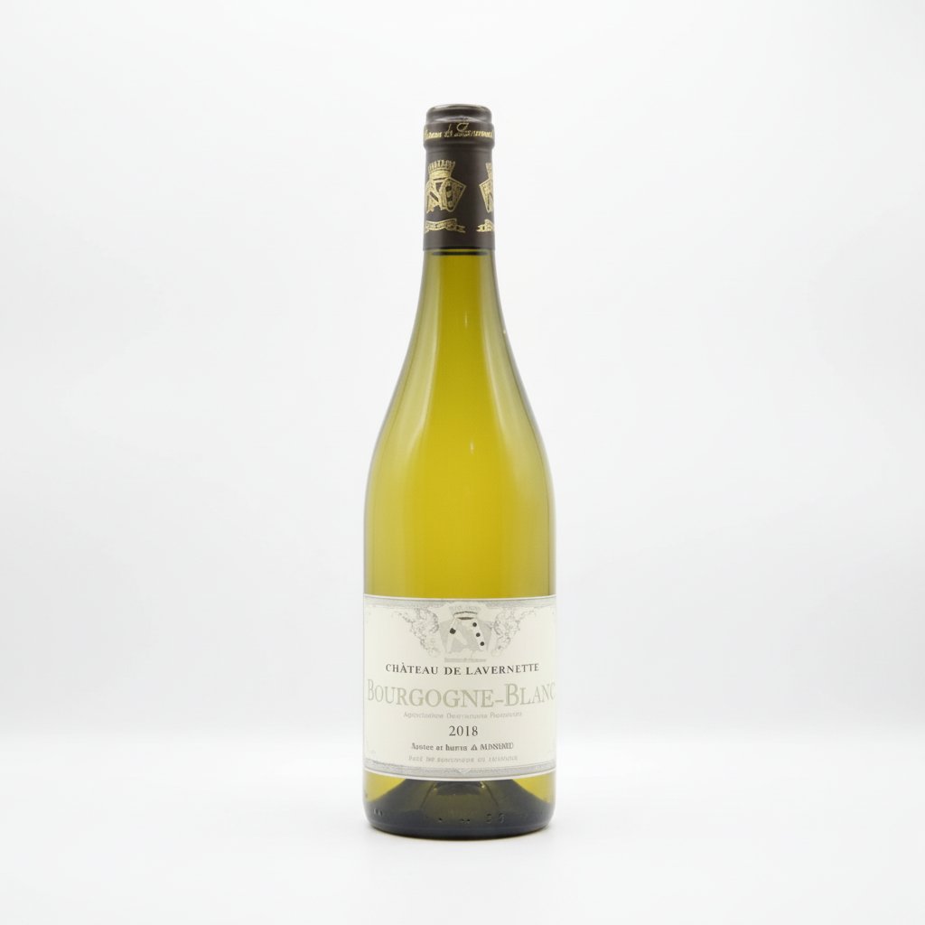 Chateau De Lavernette Bourgogne Blanc wine bottle with white label and gold foil, standing upright on a wooden surface.