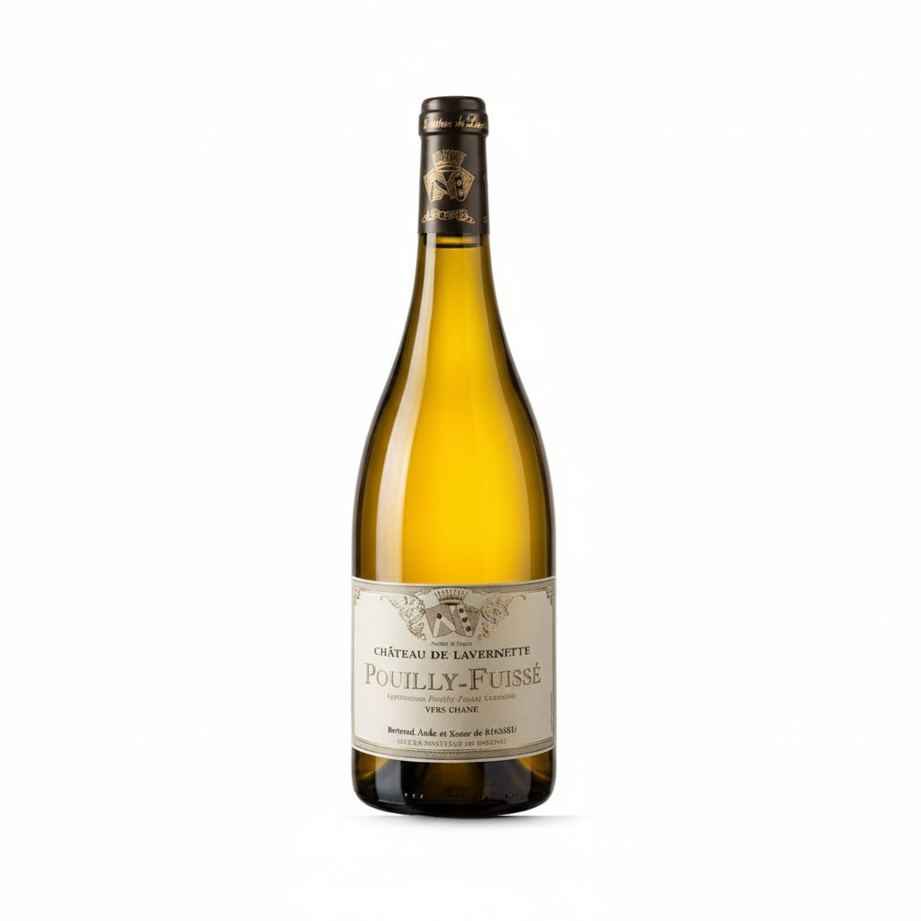 Chateau de Lavernette Vers Chane Pouilly-Fuisse white wine bottle on a wooden table with a glass of wine nearby.