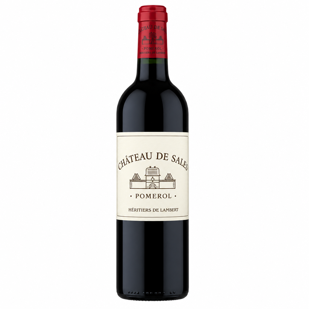 Bottle of Chateau de Sales Pomerol AOC red wine with label visible in a clear product shot.