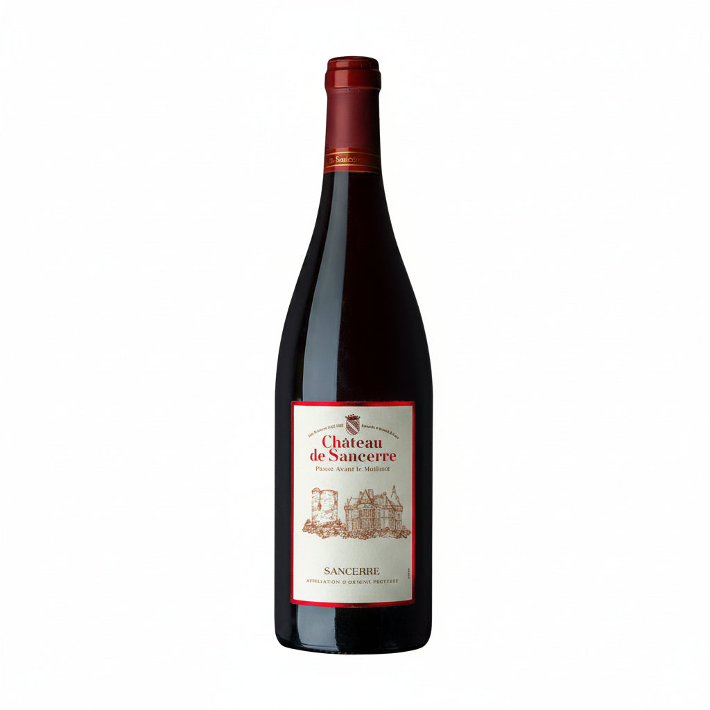 Bottle of Chateau De Sancerre Rouge red wine with label visible, set against a neutral background.