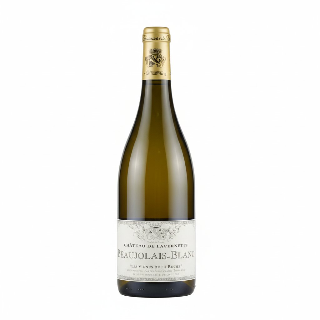 Chateau Lavernette Beaujolais Le wine bottle with label, dark glass and foil capsule, on a neutral background
