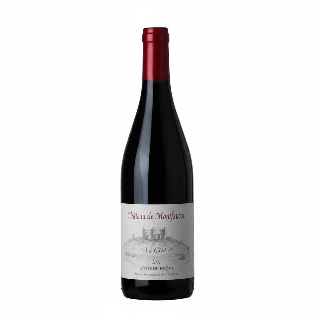 Bottle of Chateau Montfaucon La Cote Cotes Durhone red wine with a dark label and glass on a wooden surface.