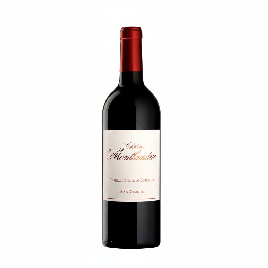 Chateau Montlandrie Primeur wine bottle with label, dark glass bottle, and cork, showcasing the Chateau brand and elegant design.