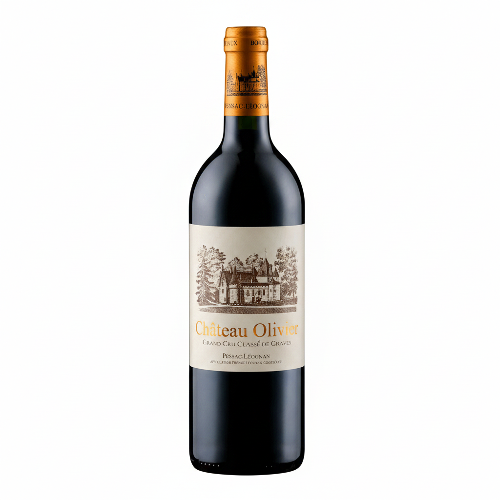 Chateau Olivier Pessac-Leognan red wine bottle from Bordeaux, featuring elegant label and deep garnet color.