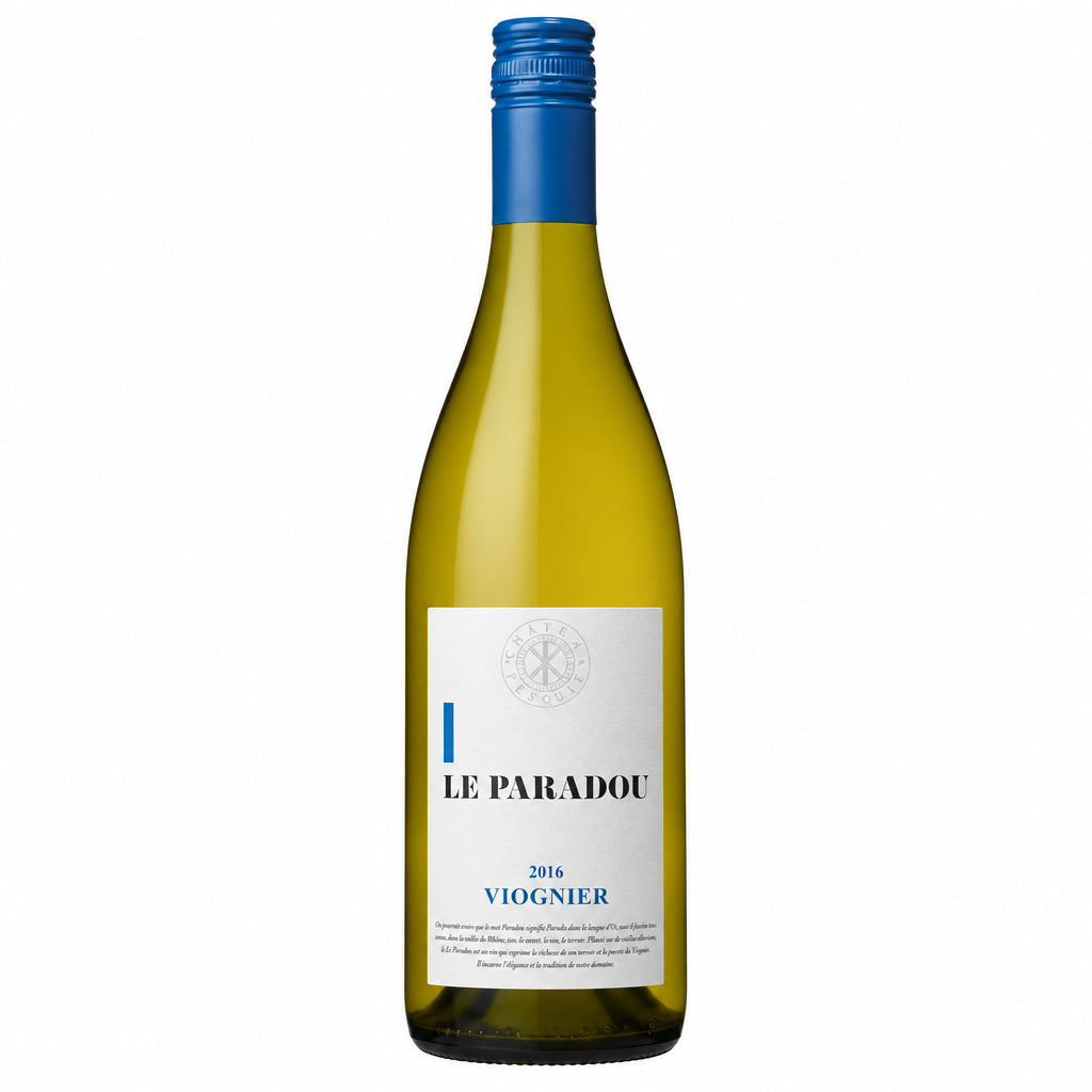 Le Paradou Viognier Blanc wine bottle from Château Pesquié, featuring a white wine label with elegant design and vineyard background.